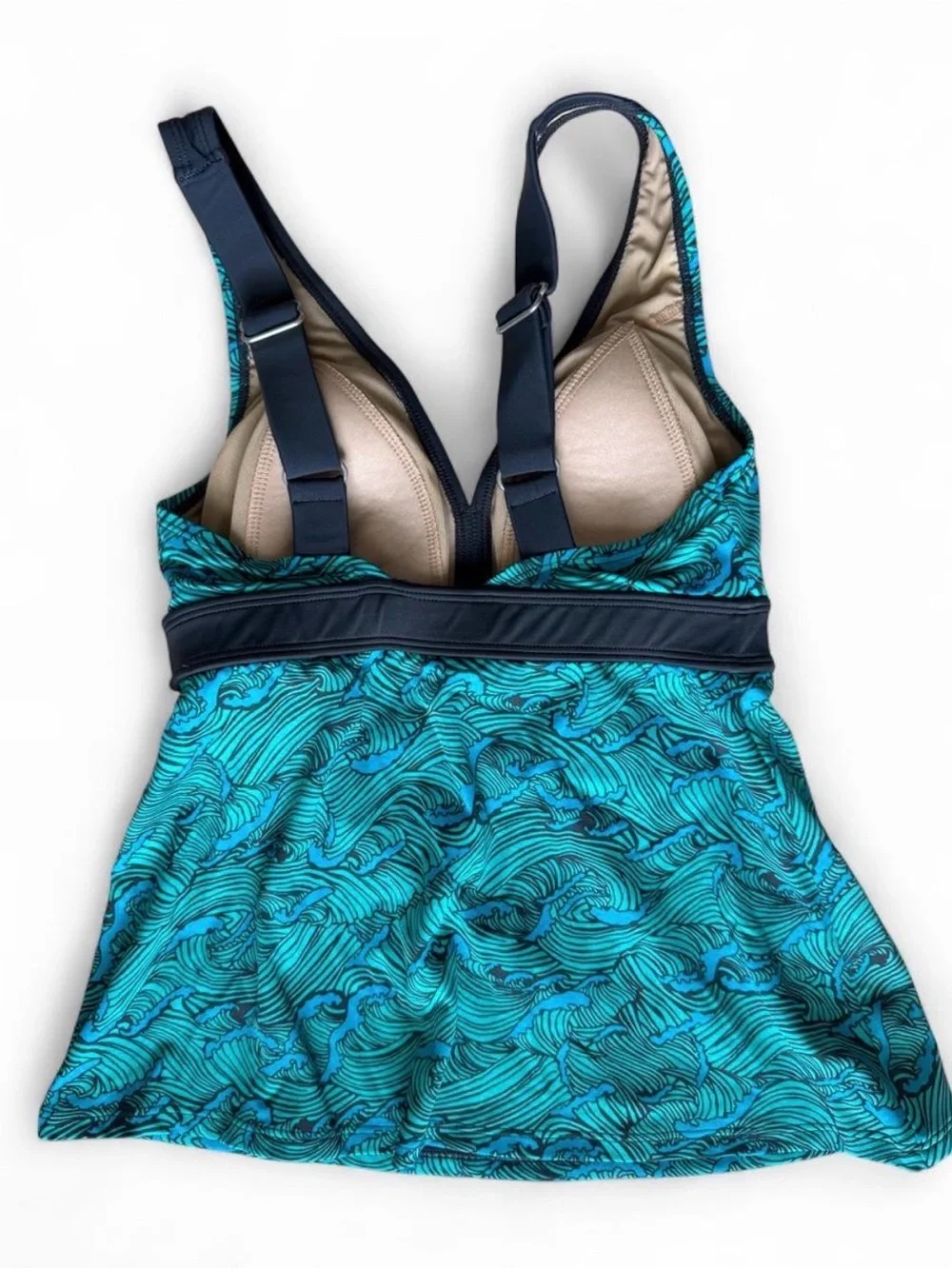 L.L. Bean Blue Wave-Print Tankini Top - V-Neck Swim Top